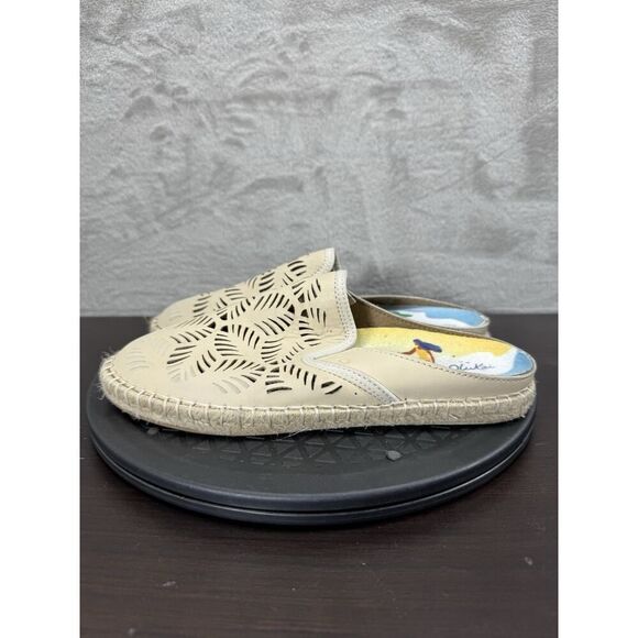 Olukai Kaula Olu lli Palm Leaf Cut Out Espadrille Mules US 7 EUR 37 Tan Leather - Picture 3 of 10